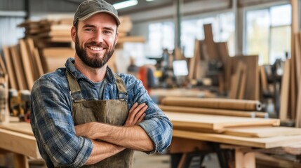 A skilled craftsman stands confidently with arms crossed in a well-lit woodworking shop filled with timber and various tools, showcasing a welcoming smile