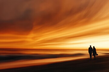 Fototapeta premium Romantic Couple Walking Hand in Hand at Sunset Beach