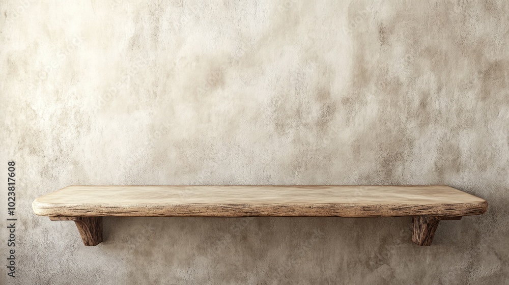 Poster a rustic wooden shelf is mounted on a simple textured wall, showcasing a minimalist design. the warm