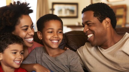 A family of four enjoys a warm moment together on a couch, laughing and sharing smiles. The cozy living room setting adds to the cheerful atmosphere of their afternoon gathering