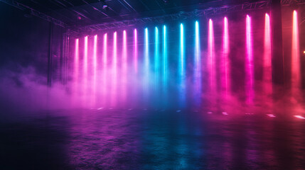 Neon Lights Stage Background  Pink and Blue Beams  Smoke  Empty Space  Concert  Party  Eve