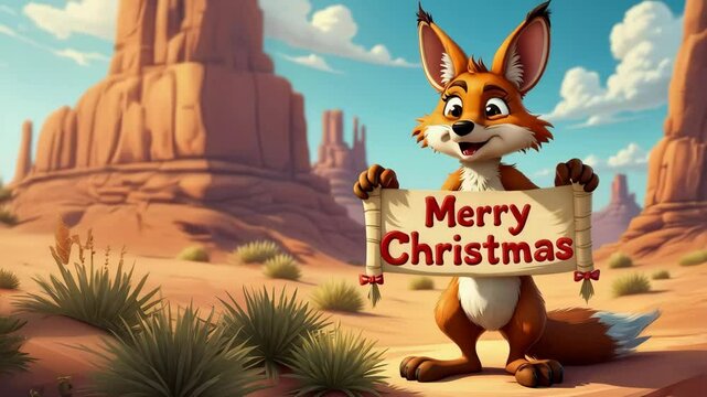 Merry Christmas message.  Funny coyote in american desert. Concept of whimsical animals showing banner with text.