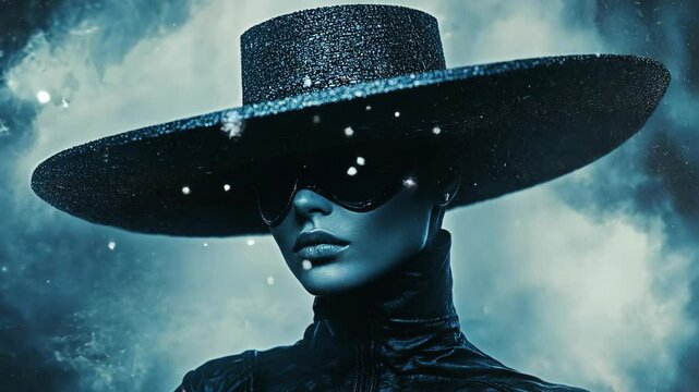 A woman in a wide-brimmed hat and sunglasses stands against a backdrop of swirling clouds