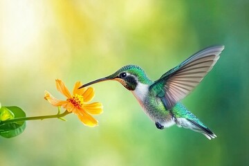 Fototapeta premium Colorful Hummingbird in Flight Near Orange Flower in Costa Ricas Vibrant Natural Beauty