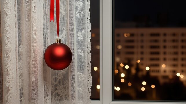 A cozy kitchen showcases white lace curtains with red ornaments and ribbons, enhanced by vibrant red Christmas decorations lining the walls