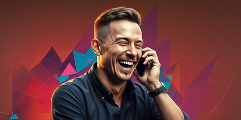 Man Laughing on His Cell Phone, Emotion Face Reaction, Happy Smile, Joy Backdrop