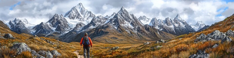 Obraz premium Lone Hiker Trekking Up Rugged Mountain Path