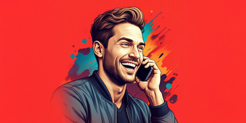 Man Laughing on His Cell Phone, Emotion Face Reaction, Happy Smile, Joy Backdrop