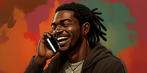 Black Man Laughing on His Cell Phone, Emotion Face Reaction, Happy Smile, Joy Backdrop