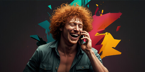 Red Headed Man Laughing on His Cell Phone, Emotion Face Reaction, Happy Smile, Joy Backdrop
