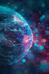 Fototapeta premium A vibrant digital rendering of Earth with interconnected network lines and colorful bokeh lights, symbolizing global communication and technology.
