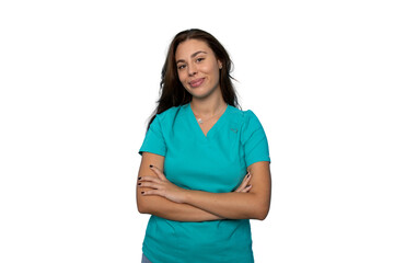 Confident young nurse in scrubs posing