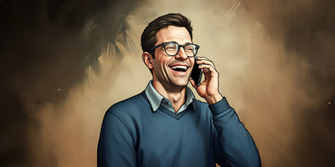 Man in Glasses Laughing on His Cell Phone, Emotion Face Reaction, Happy Smile, Joy Backdrop