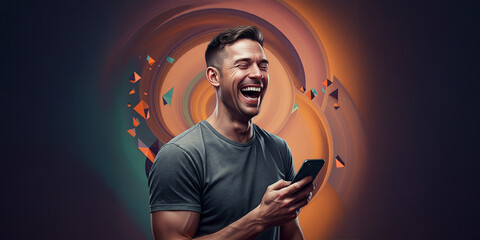 Man Laughing on His Cell Phone, Emotion Face Reaction, Happy Smile, Joy Backdrop