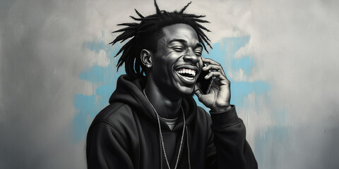 Black Man Laughing on His Cell Phone, Emotion Face Reaction, Happy Smile, Joy Backdrop