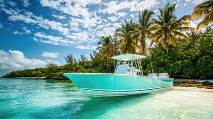 Obraz premium Aqua Boat Docked at a Tropical Shore with Palm Trees