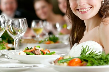 A gorgeous brunette in a silk evening gown smiles at the camera while enjoying a wedding party while seated at the serving table