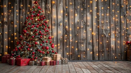 Festive christmas tree adorned with red baubles and gifts on wooden floor, radiating holiday cheer