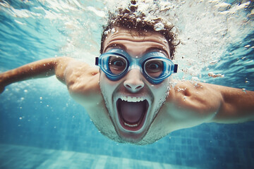 Fototapeta premium Swimmer in a pool, wearing goggles and diving in with an expression of joy. Generative AI