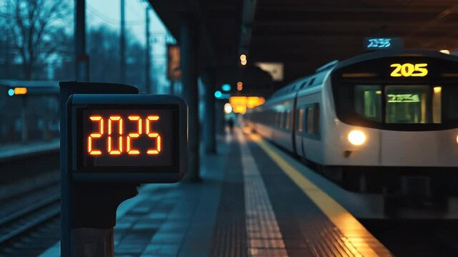 Train Station Clock Showing 2025 With Arriving Train: New Year's, Future, Transportation