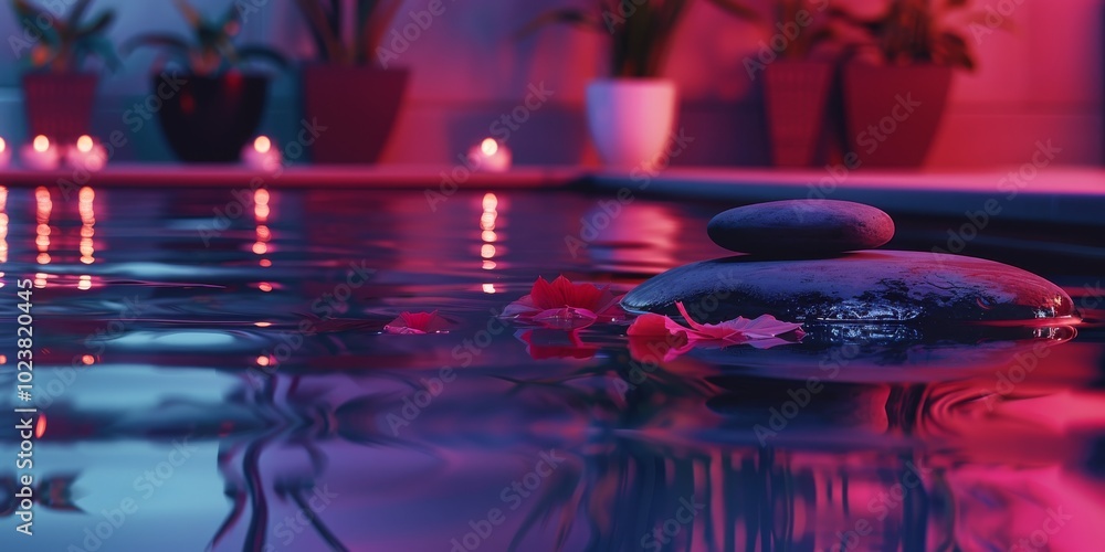 Poster a pool with a rock in it and a few candles. scene is calm and relaxing
