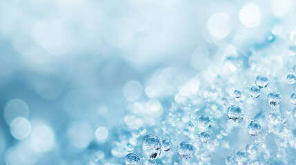 Blue water droplets with sparkling light effect against a blurred background