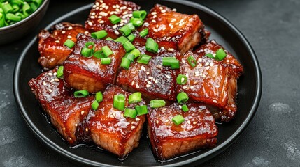 Delicious glazed pork belly with green onions