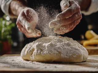 Crafting artisanal bread in a warm bakery at dawn with flour dusting the dough
