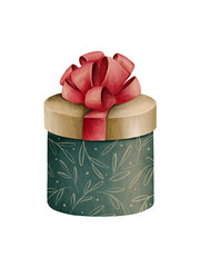 Watercolor gift box with red ribbon bow. Textured watercolor drawing on a white background. Christmas realistic illustration. Perfect for cards, Christmas decor. Hand drawn. 