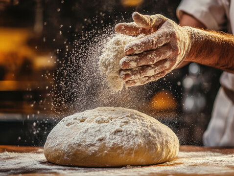 Crafting artisanal bread in a warm bakery at dawn with flour dusting the dough