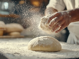 Crafting artisanal bread in a warm bakery at dawn with flour dusting the dough