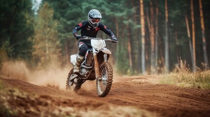 Naklejka premium A motocross rider in full gear speeds through a dirt track, kicking up dust.