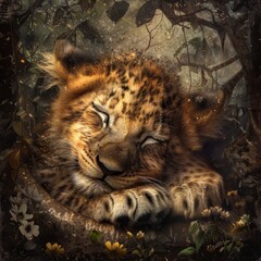 A baby tiger is sleeping in a tree. The image has a peaceful and calming mood