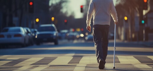Fototapeta premium A person strides across a crosswalk, using a cane, as traffic signals change in the city