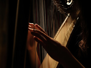 Delicate fingers dance across harp strings in a soft, dimly lit room during an evening performance