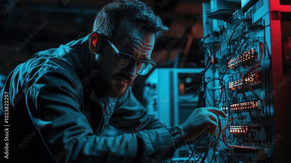 Poster a technician in a dark room works on a computer system with glowing blue and red lights.