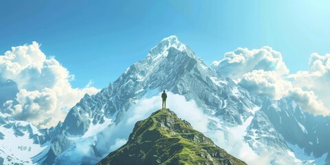 Fototapeta premium Artistic representation of success as a person standing on a mountain peak.