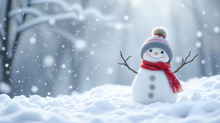 Fototapeta premium Winter Magic. A Smiling Snowman Stands in a Snowy Forest. Holiday Greetings.