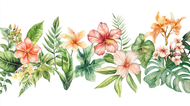 Watercolor Tropical Floral Border   Hibiscus  Palm Leaves  and Exotic Flowers