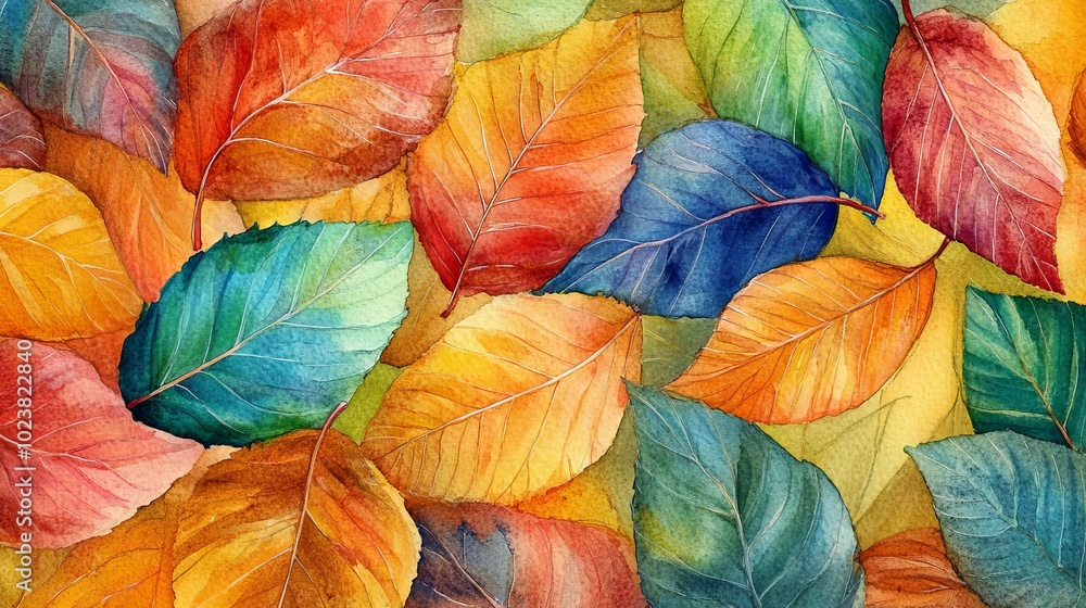 Canvas Prints Autumn leaves painted in vibrant watercolor hues, creating a festive Thanksgiving background.