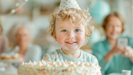 Joyful birthday celebration adorable child with cake and party hat