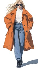 A blonde woman with long hair wearing an oversized orange coat, a white sweater, and blue jeans is walking towards the camera