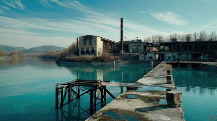 An old, abandoned factory building with a tall chimney reflects on the calm surface of a river, surrounded by autumn trees and a cloudy sky, symbolizing decay and industrial past