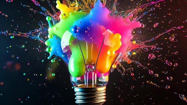 A lightbulb bursts with colorful paint, creating a vibrant explosion of creativity