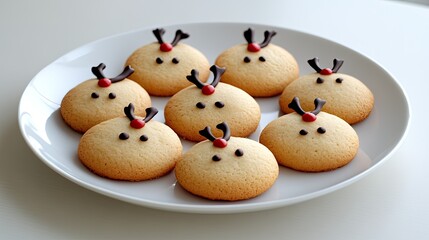 A plate features playful shortbread cookies designed like reindeer faces, complete with red noses, chocolate eyes, and antlers, accented with festive ribbons