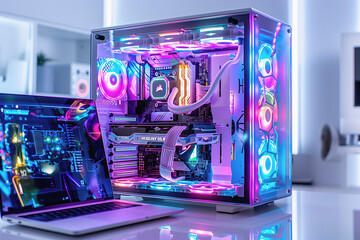 High-performance gaming PC with RGB lighting and advanced cooling system.
