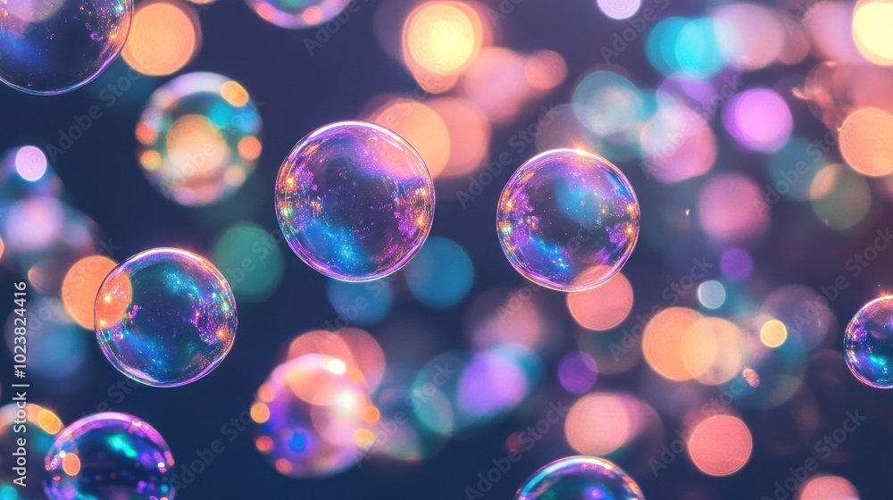 Poster colorful soap bubbles floating in the air with blurred bokeh lights in the background.