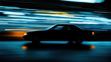 A black car driving through the city at night with blurred lights creating a dynamic streak effect.