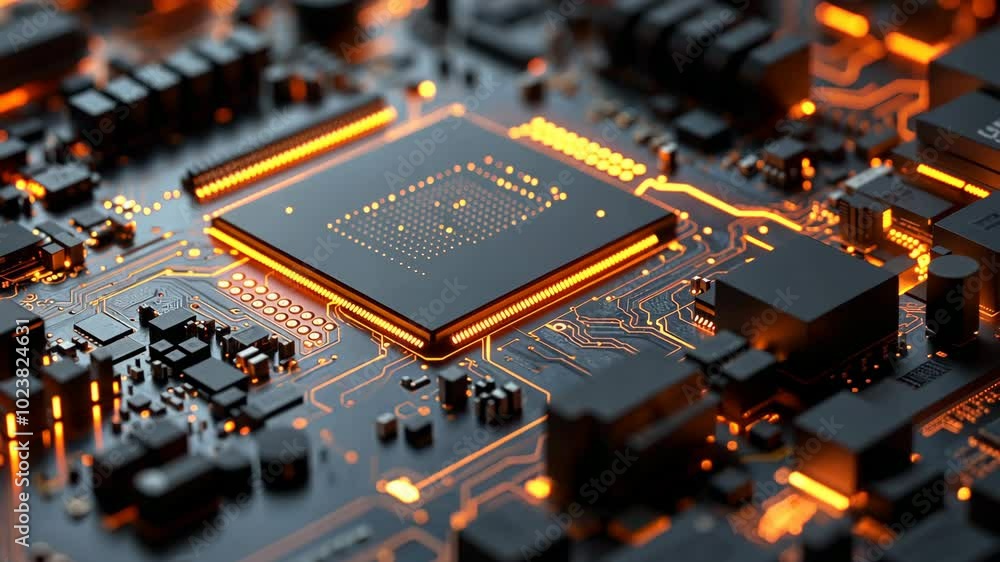 Poster a circuit board with a glowing central processing unit in the center, surrounded by various other co