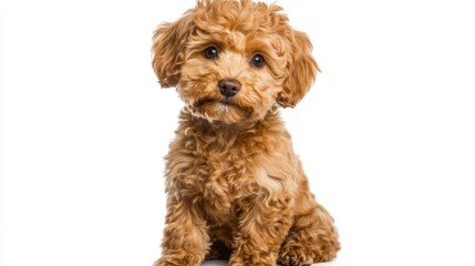 Curly-haired golden puppy sitting isolated on a white background